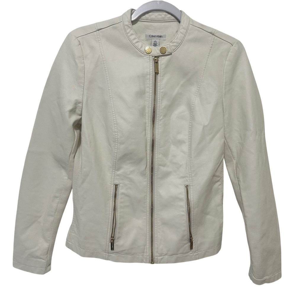 Calvin Klein Faux Leather Moto Jacket‎ Women Small Cream Good Gold Zip